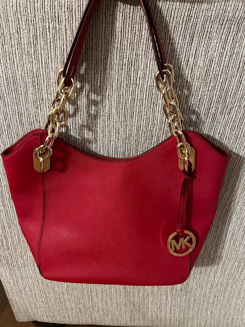 Michael Kors Red Leather Shoulder Bag with Gold Chain Accents